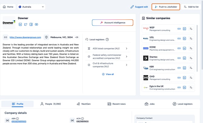 Push to JobAdder on the company profile highlighted