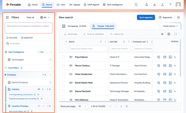Filters panel on the People tab highlighted
