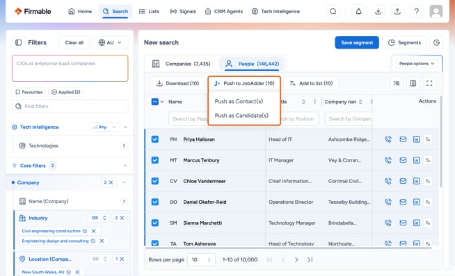 Push to JobAdder dropdown with Push as Contact(s) and Push as Candidate(s) highlighted