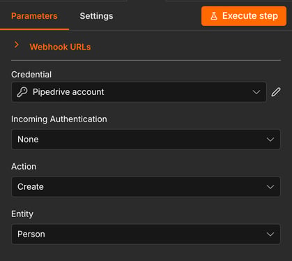 The Pipedrive Trigger node set to the Create action for the Person entity