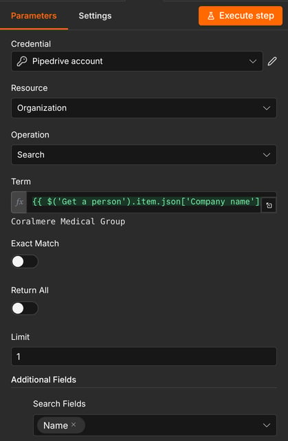 The Search an organization by name node using the Company name field from Get a person
