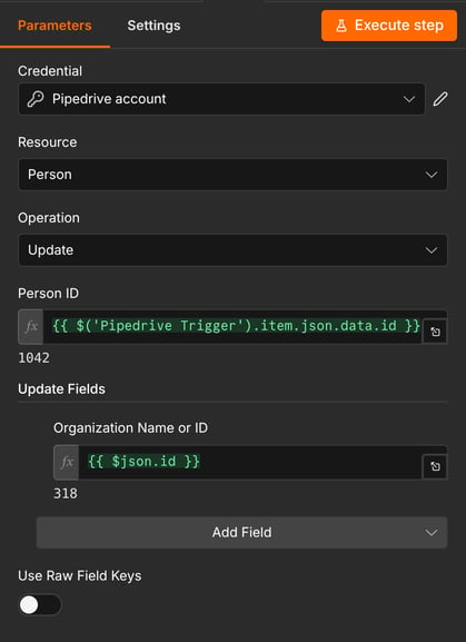The Update a person node linking the person to the organisation found by name