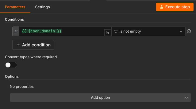 The If node with one condition: domain is not empty