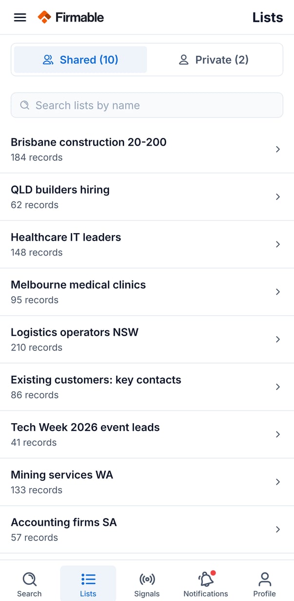The Lists screen with Shared and Private tabs, list search and record counts