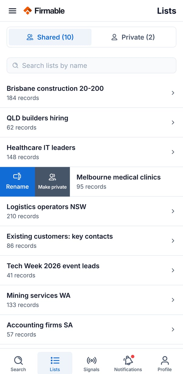 A list swiped to show the Rename and Make private actions