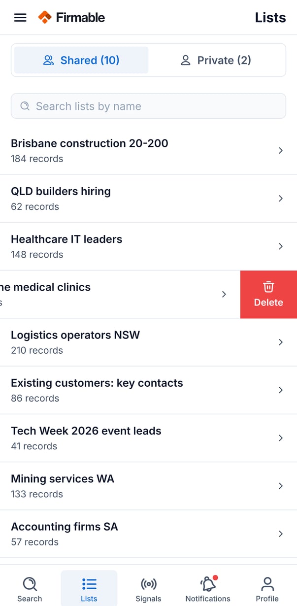 A list swiped to show the Delete action