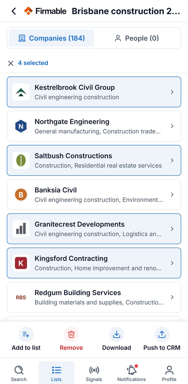 Four selected companies inside a list with Add to list, Remove, Download and Push to CRM at the bottom