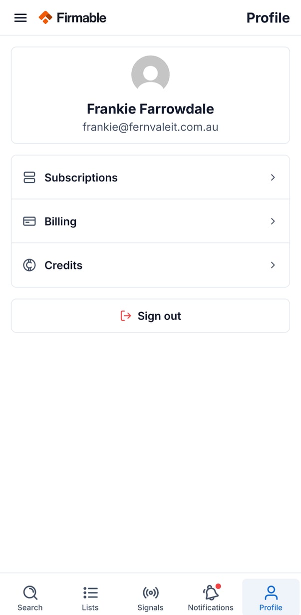The Profile tab with your details, Subscriptions, Billing, Credits and Sign out