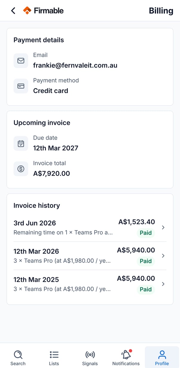 The Billing page showing payment details, the upcoming invoice and invoice history