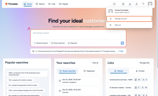 Manage account highlighted