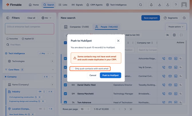 Only push contacts with work email checkbox highlighted