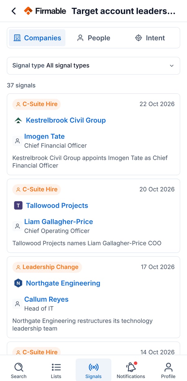 A signal agent with Companies, People and Intent tabs, the signal type filter and signal cards