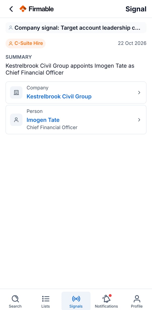 The signal detail page with the signal type, summary, company and person