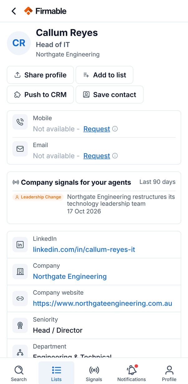 A people record with no mobile or email on file, showing the Request links