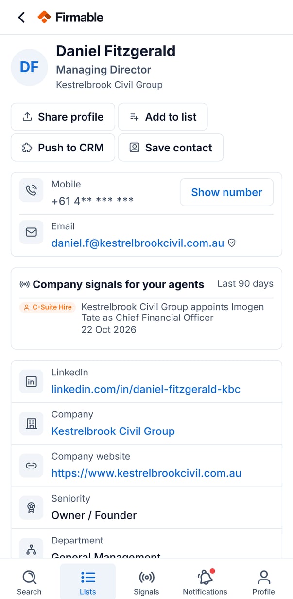 A people record with a masked mobile number, the Show number button and a verified work email