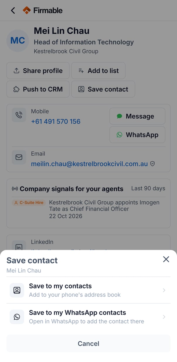 The Save contact sheet with Save to my contacts and Save to my WhatsApp contacts
