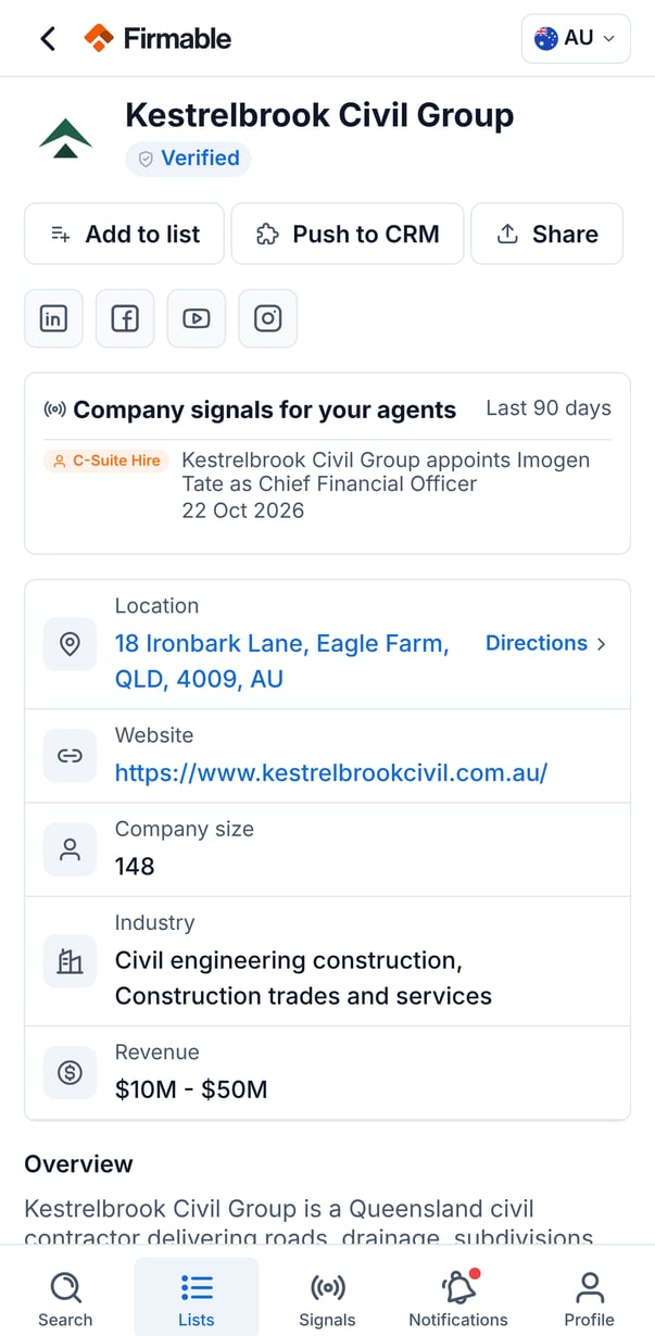 A company profile showing actions, social links, company signals, location, website, size, industry and revenue