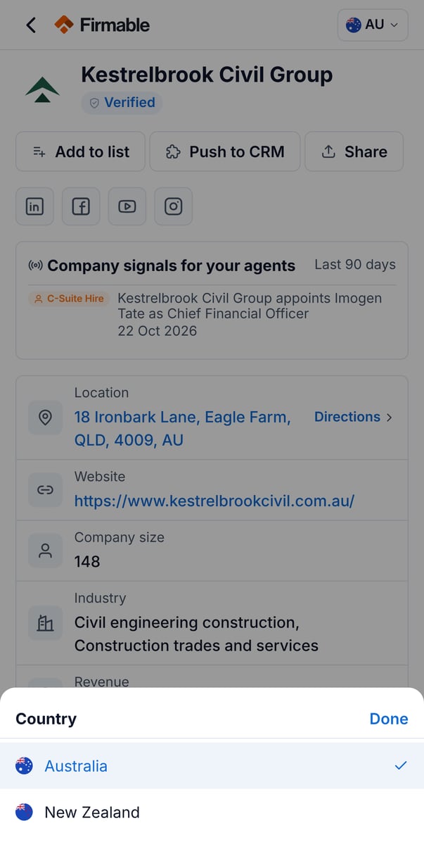 The Country selector open on a company profile with Australia and New Zealand
