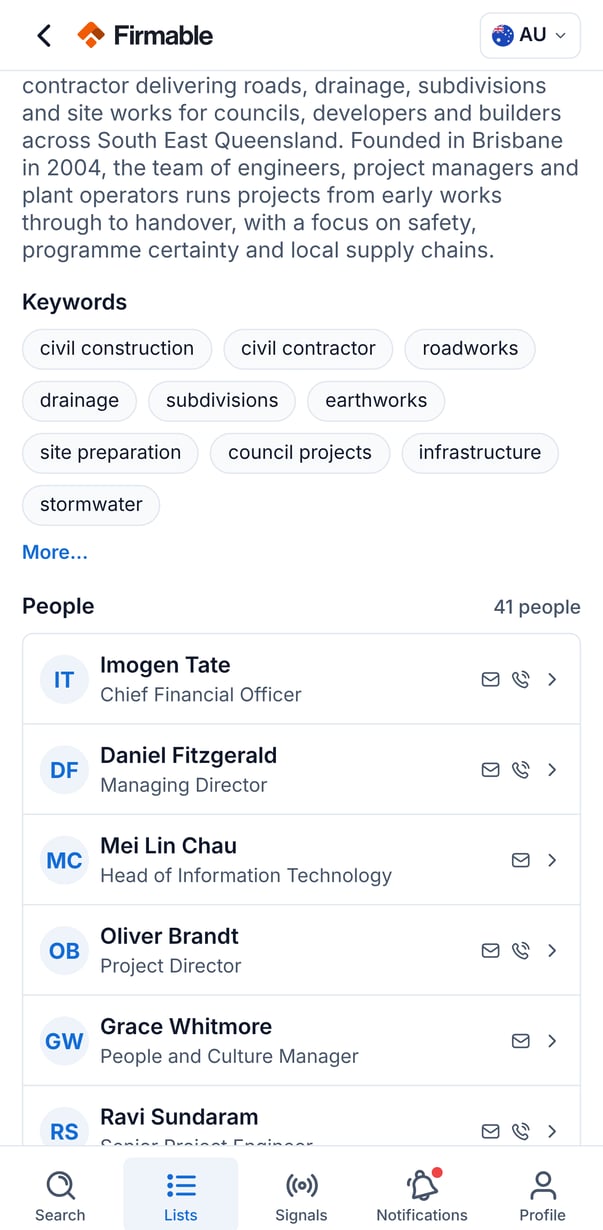 The People section of a company profile with names, titles and email and phone icons