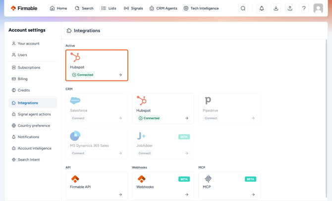 HubSpot connected on the Integrations page