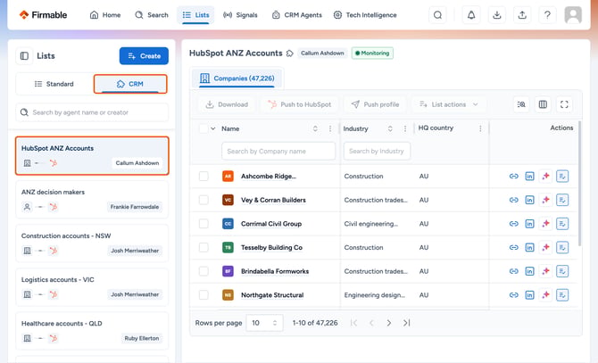 CRM lists tab and CRM agent list highlighted
