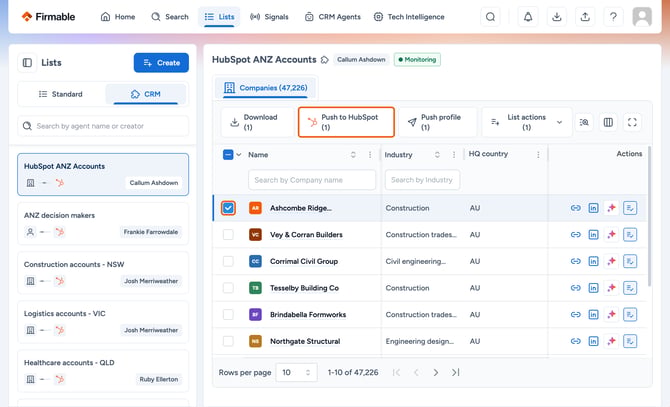 Selected record and Push to HubSpot highlighted