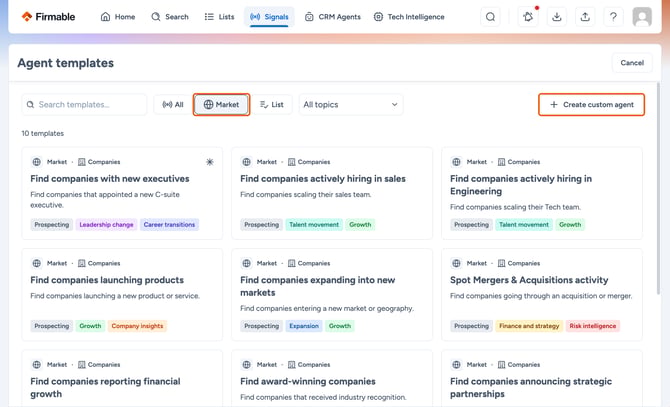 The Market filter and Create custom agent in the template gallery, highlighted