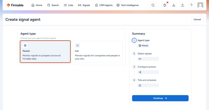 Market selected in the Agent type step, highlighted