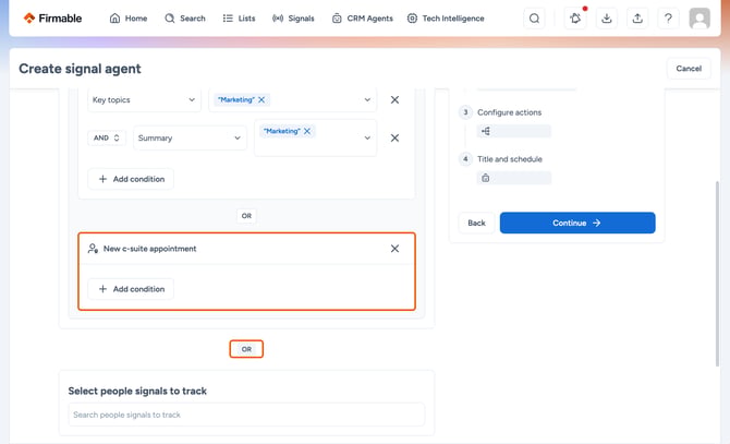 OR separator and the second company signal block (New C-suite appointment) highlighted