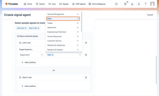 Ticked Sales option in the department dropdown highlighted