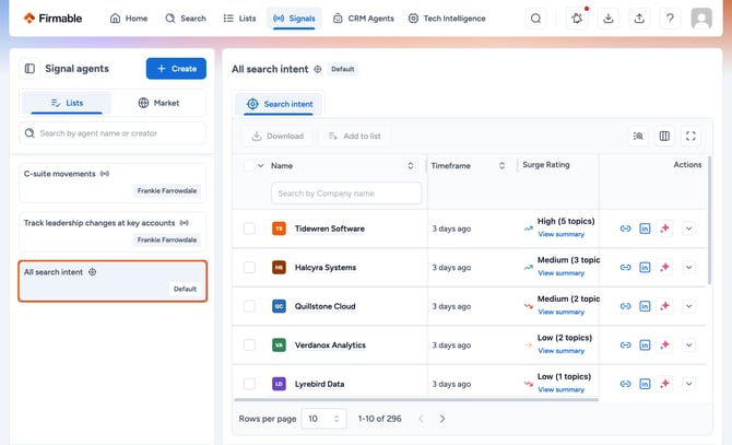All search intent agent card in the sidebar highlighted