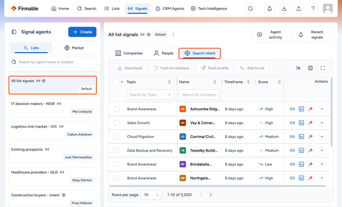 All list signals agent with the Search intent tab selected