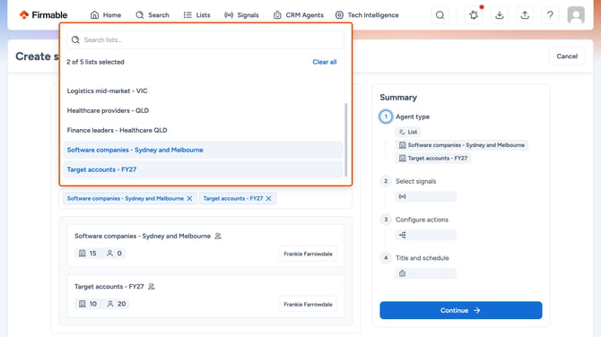 List selector including the open dropdown highlighted