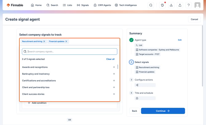 Company signals selector and its open list highlighted