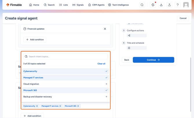 Topics selector, chips and + Add condition highlighted