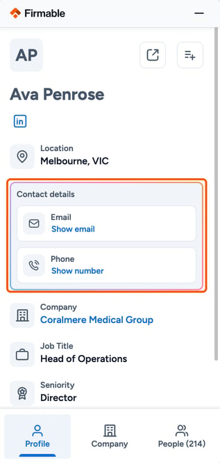 The Firmable browser extension panel on a LinkedIn profile with the Contact details section highlighted
