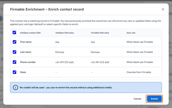 Enrich contact record pop-up in HubSpot showing that no credits will be used to re-enrich the record