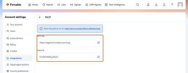 Where to find your Firmable MCP URL and Client ID